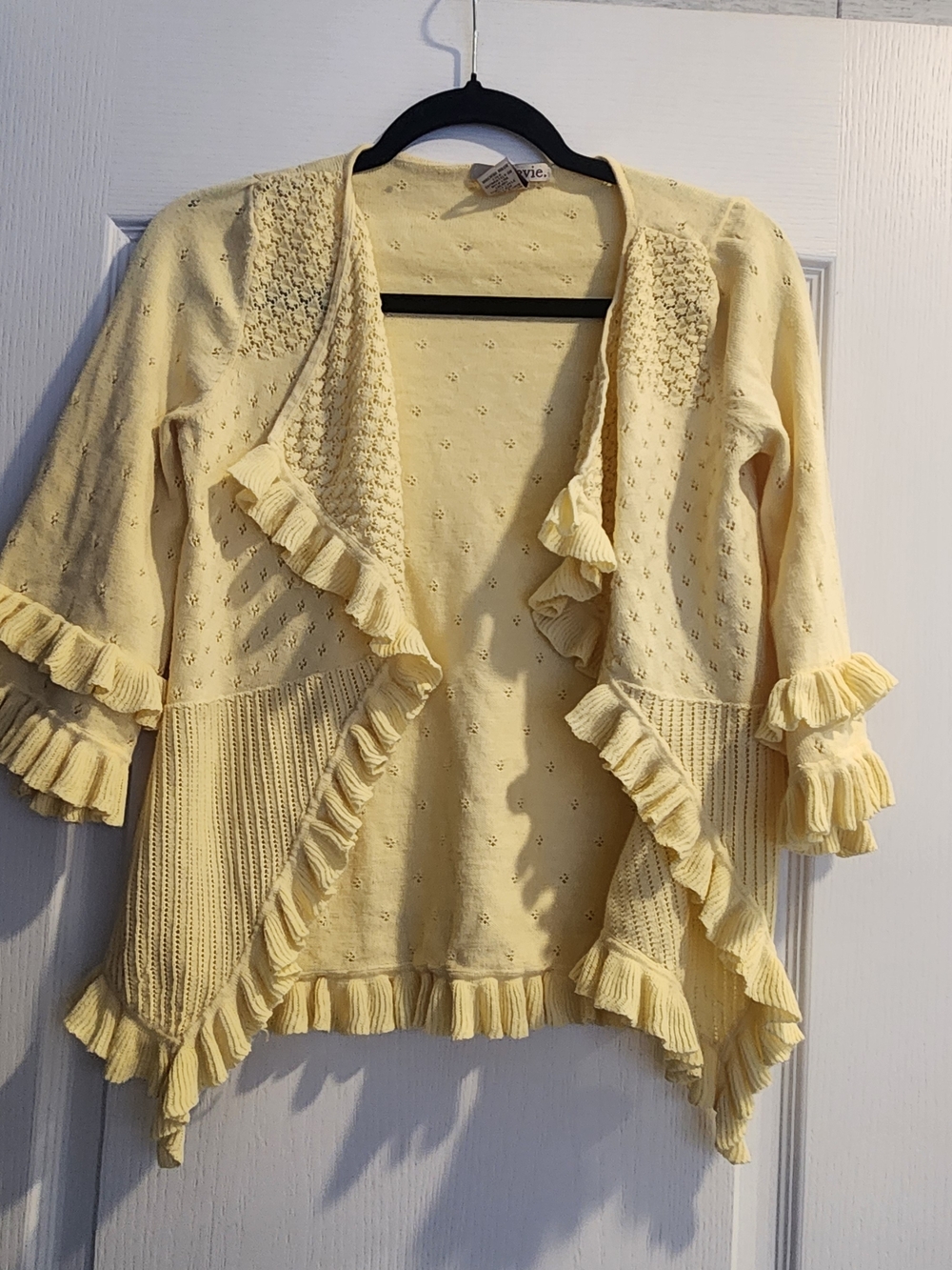 EVIE Pale Yellow Ruffle-Trim Open-Front Cardigan S Euc